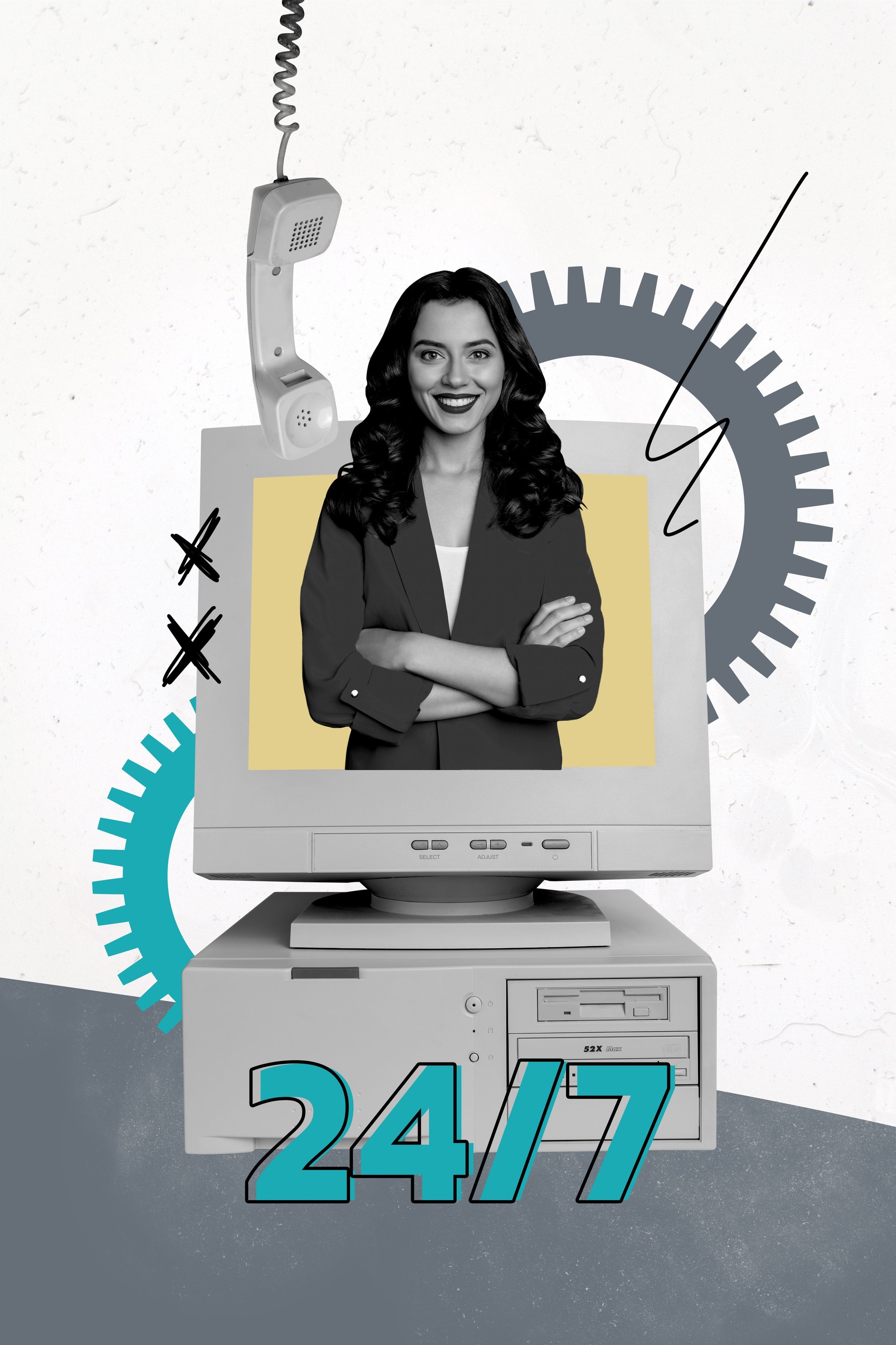 Vertical photo collage artwork minimal picture of serious confident lady working 24/7 helpline isolated graphical background